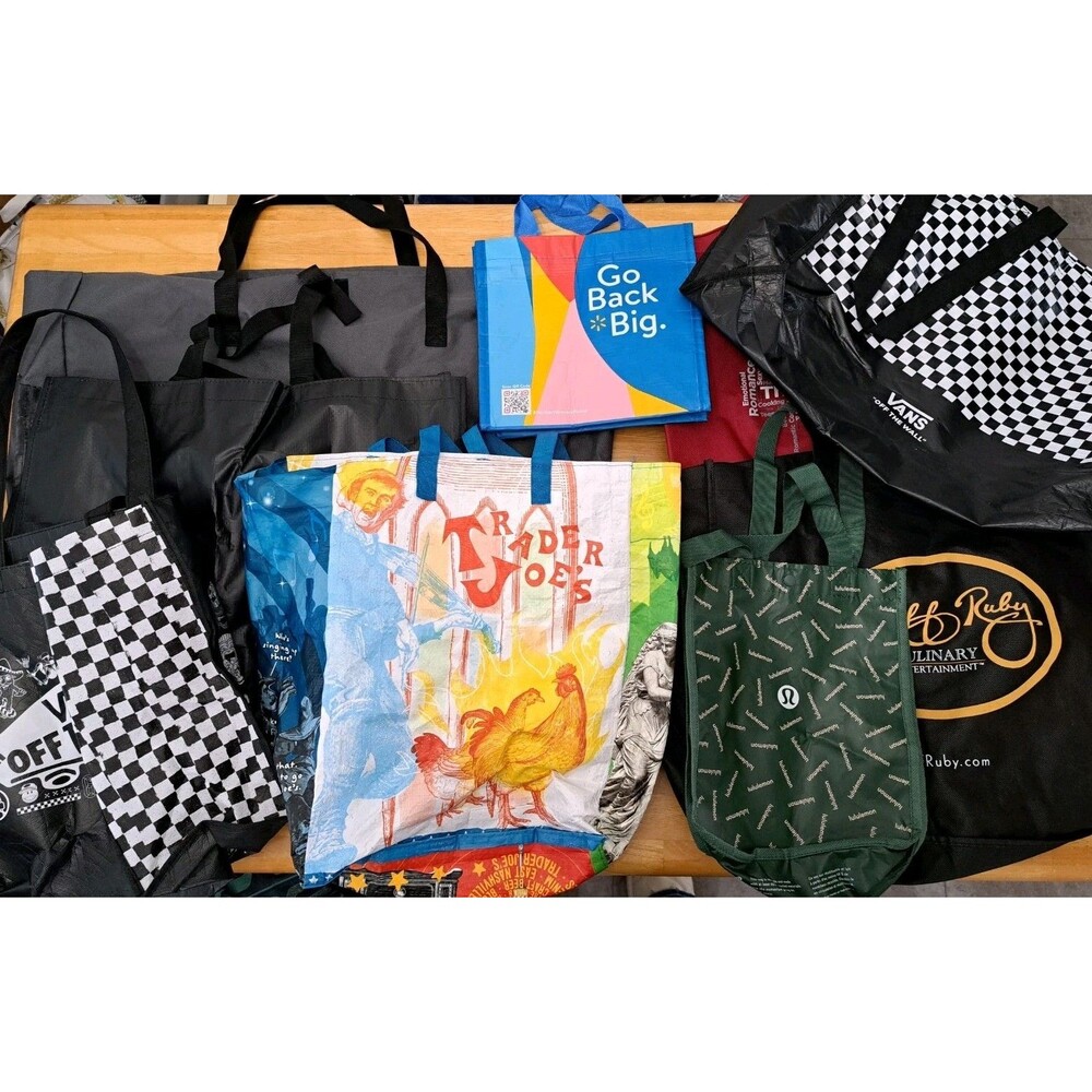 Mixed Lot of 16 Reusable Shopping Tote Bags Trader Joe's Lululemon VANS & More
